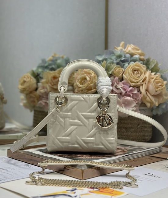 Christian Dior CD Lady Christian Dior CD White Embossed Quilted Handbag 0505