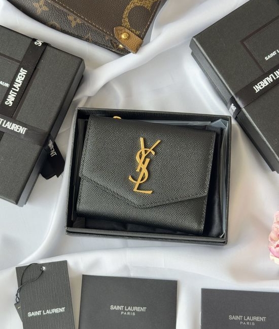 Yves Saint Laurent YSL Caviar Leather Trifold Compact Wallet 582296