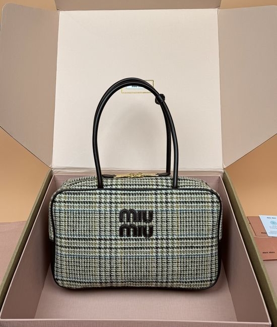 Miu Miu IVY Plaid Tote Bag with Leather Logo 5BB163