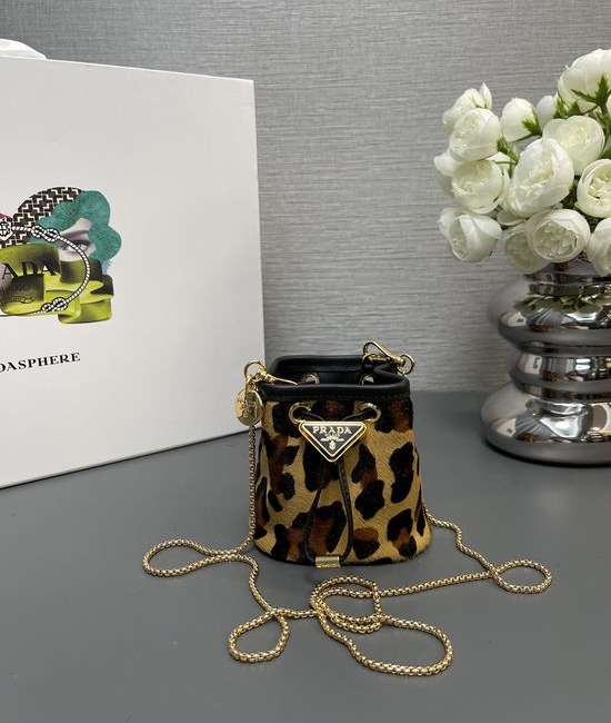 Prada Leopard Print Mini Bucket Bag with Chain Strap 1NR016