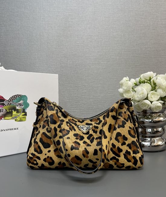 Prada Leopard Print Hobo Handbag with Metal Accents 1BC229