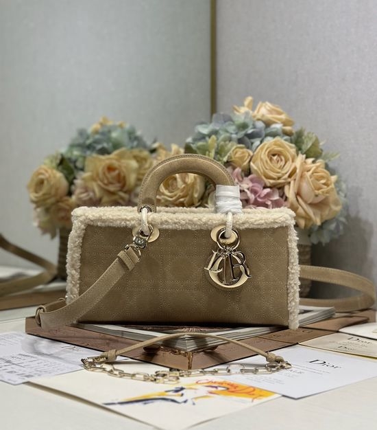 Christian Dior CD Lady D-Joy Beige Suede Fur Trim Handbag 0540