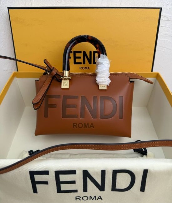 Fendi By The Way Mini Leather Handbag with Logo 067 Brown