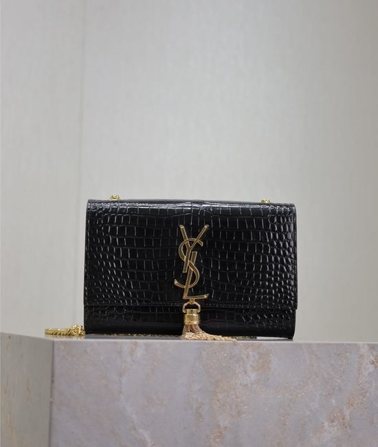 Yves Saint Laurent YSL KATE Black Crocodile Gold Buckle Bag 469390