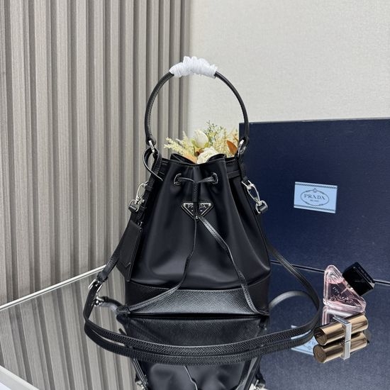 Prada Nylon Bucket Bag with Leather Handle and Strap 1BE055