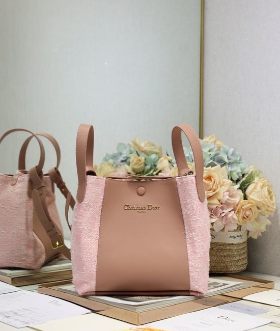 Christian Dior CD Signature Medium Pink Tweed Bucket Bag 2366