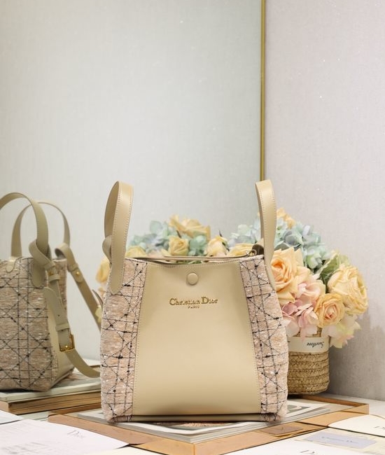 Christian Dior CD Signature Medium Apricot Tweed Bucket Bag 2366