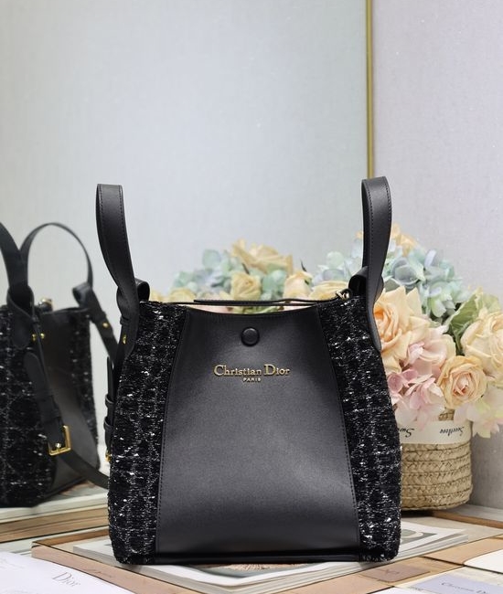 Christian Dior CD Signature Medium Bucket Bag Black Tweed 2366