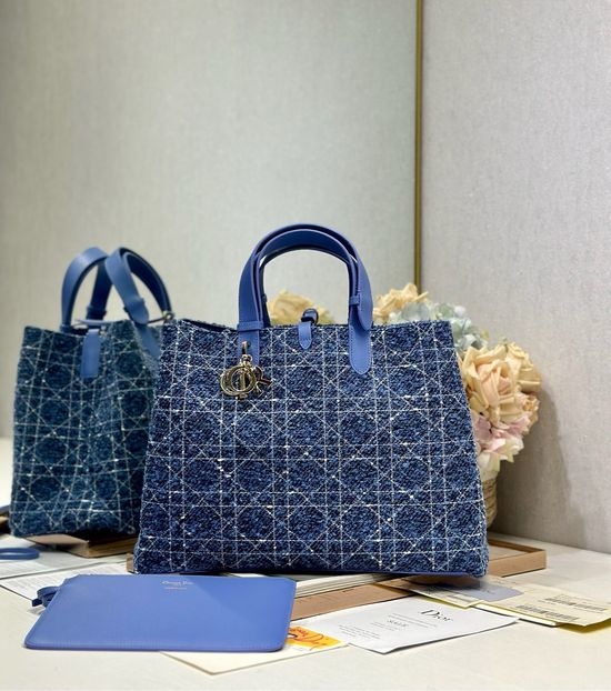 Christian Dior CD Toujours Blue Tweed Leather Handbag 1188