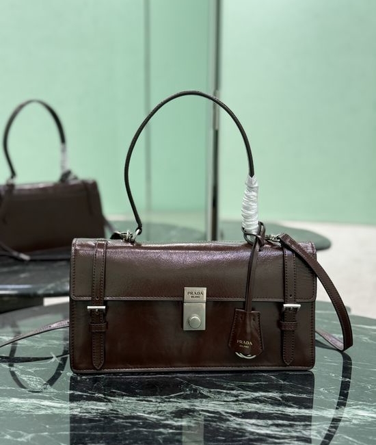 Prada Classic Office Style Leather Handbag with Vertical Lock 15996