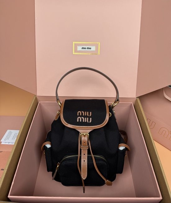 Miu Miu Campus Style Canvas and Leather Backpack Black _5BZ043