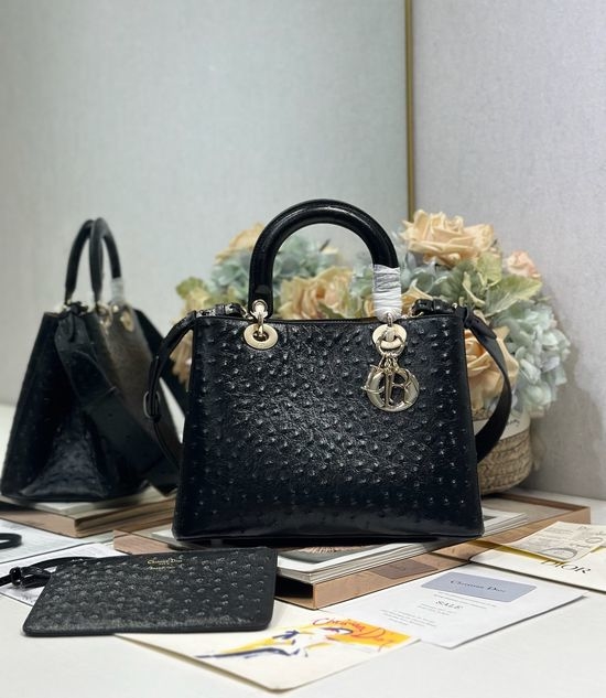 Christian Dior CD Christian Dior CD Toujours Black Ostrich Pattern Medium Bag 1188