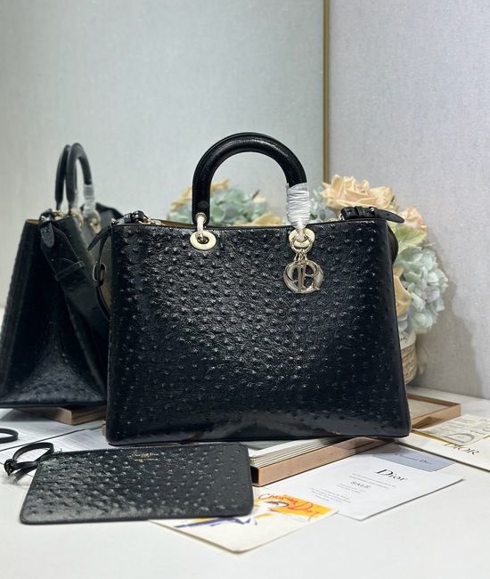 Christian Dior CD Toujours Ostrich Pattern Leather Handbag 1188