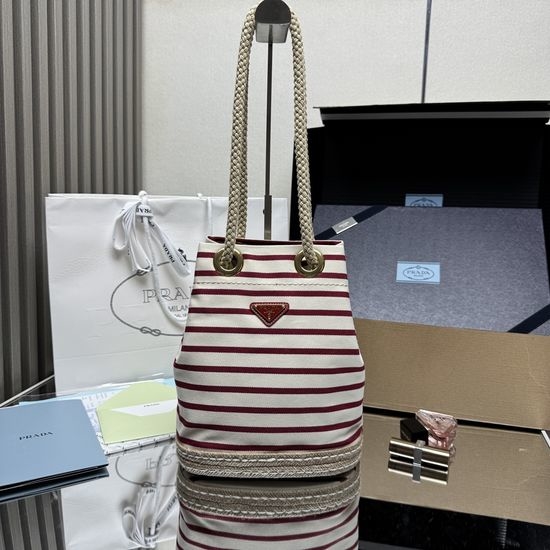 Prada Striped Fabric Bucket Bag 1BE082
