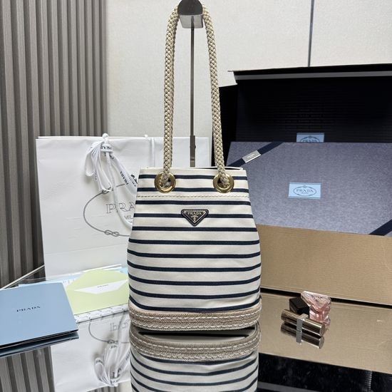 Prada Striped Fabric Bucket Bag 1BE082