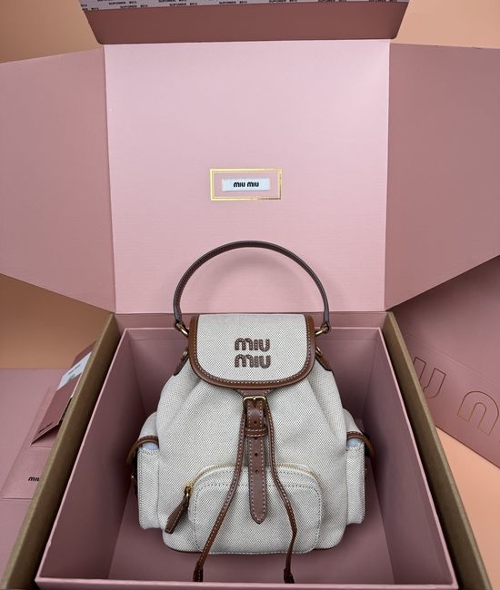 Miu Miu Campus Style Canvas and Leather Backpack White _5BZ043