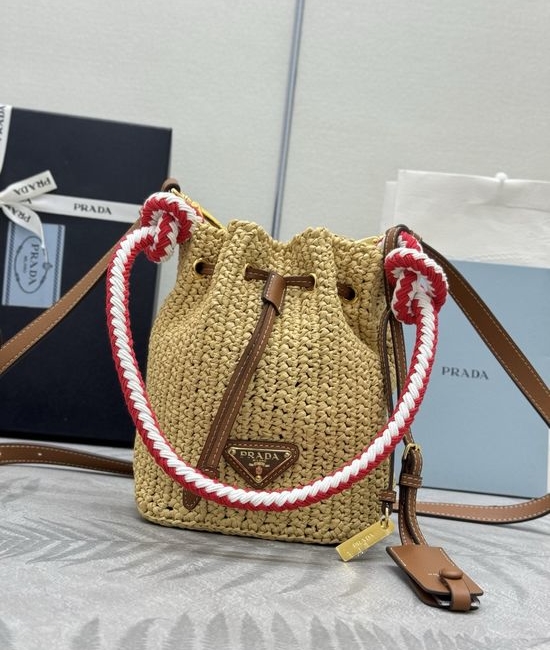Prada Woven Straw Bucket Bag 1BE068
