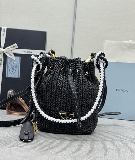 Prada Woven Straw Bucket Bag 1BE068