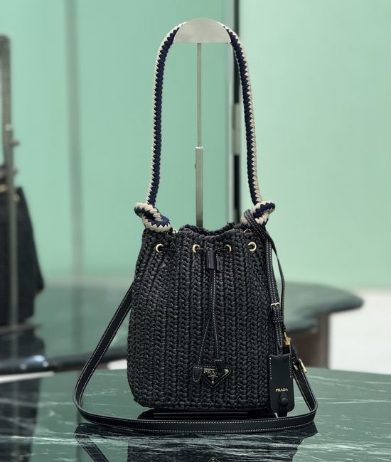 Prada Woven Straw Cotton Rope Bucket Bag 1BE068