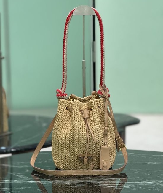 Prada Woven Straw Cotton Rope Bucket Bag 1BE068