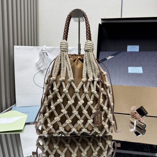 Prada Woven Handbag Cotton Lace Trim 1BC111