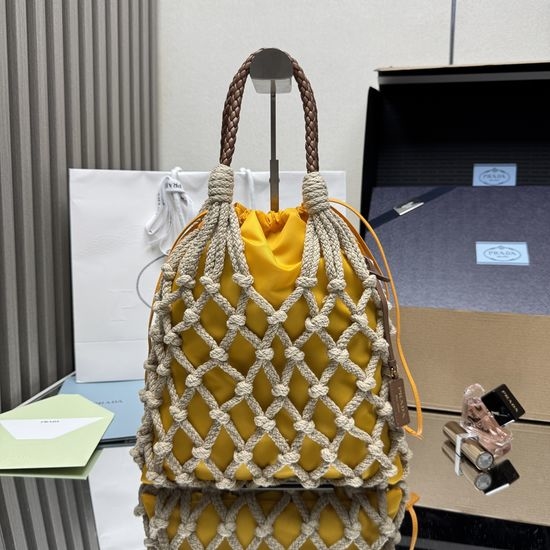 Prada Woven Handbag Cotton Lace Trim 1BC111