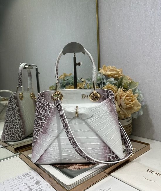 Christian Dior CD Crocodile Pattern Bow Handbag 0737