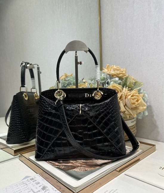 Christian Dior CD Bow Handbag Crocodile Pattern 0737