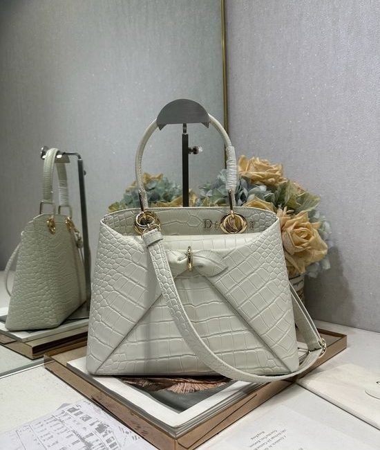 Christian Dior CD Bow Crocodile Pattern Handbag 0737