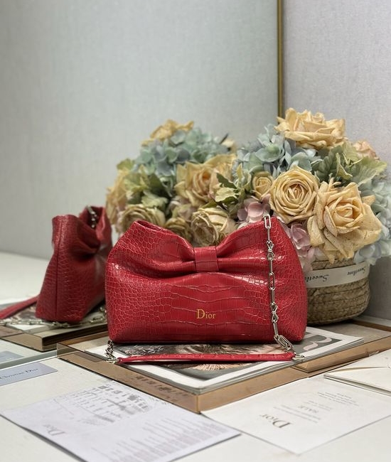 Christian Dior CD LAMBSKIN Crocodile Red Chain Bag 0714