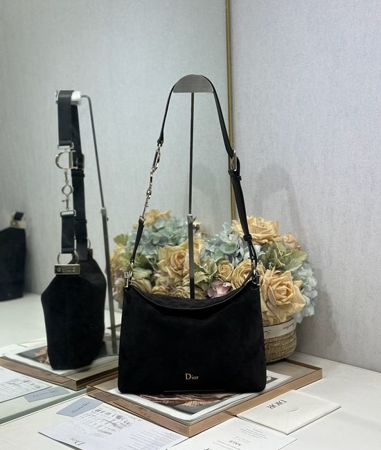 Christian Dior CD Small Handbag Black Velvet Gold Buckle 1411