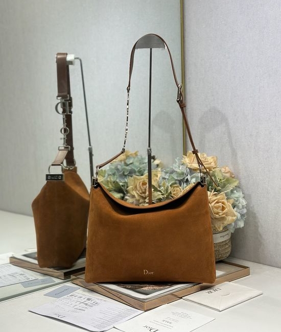 Christian Dior CD Medium Handbag Brown Fleece Leather Gold Buckle 1412