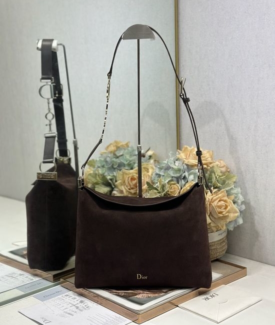 Christian Dior CD Medium Handbag Coffee Fleece Leather Gold Buckle 1412