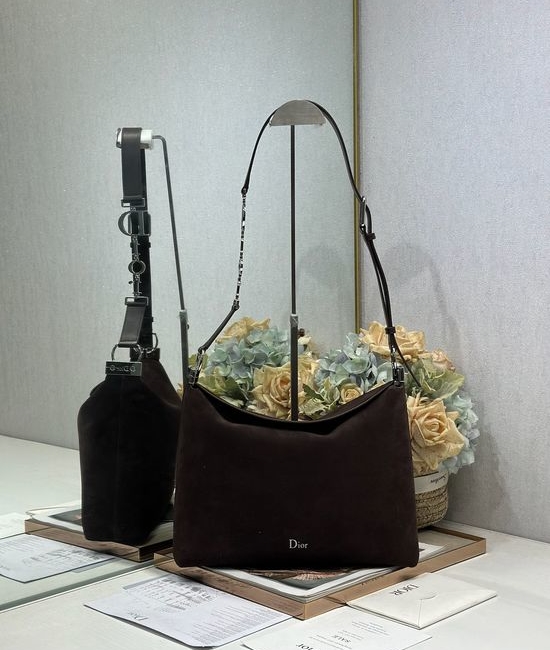 Christian Dior CD Medium Handbag Coffee Suede Leather Silver Buckle 1412