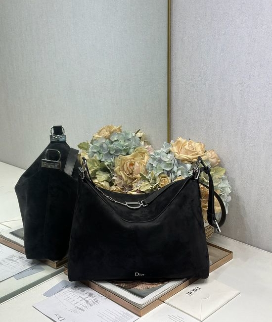 Christian Dior CD Large Handbag Black Velvet Leather Silver Buckle 1414