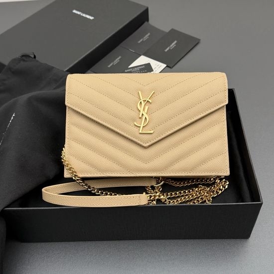 Yves Saint Laurent YSL ENVELOPE Grain Leather Chain Wallet 393953 Apricot