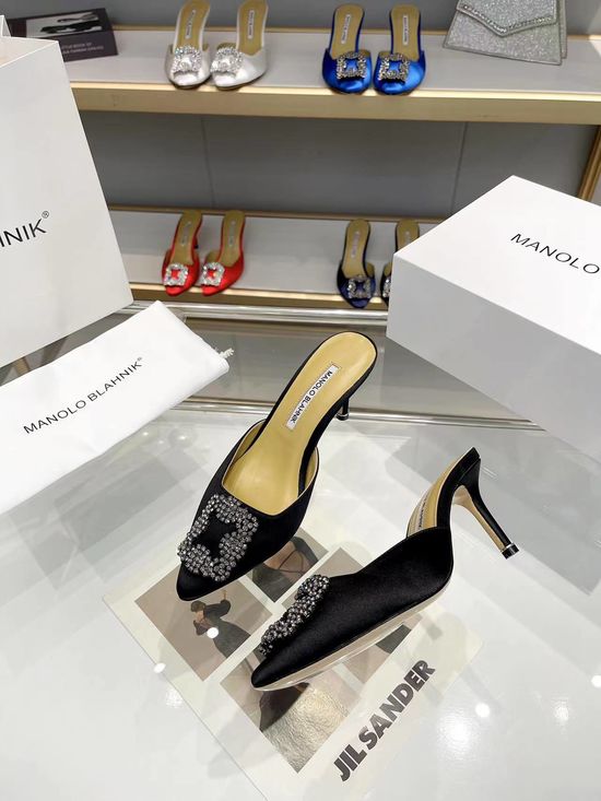 Manolo Blahnik Glitter Sequined High Heels Rhinestone Buckle Leather Sole