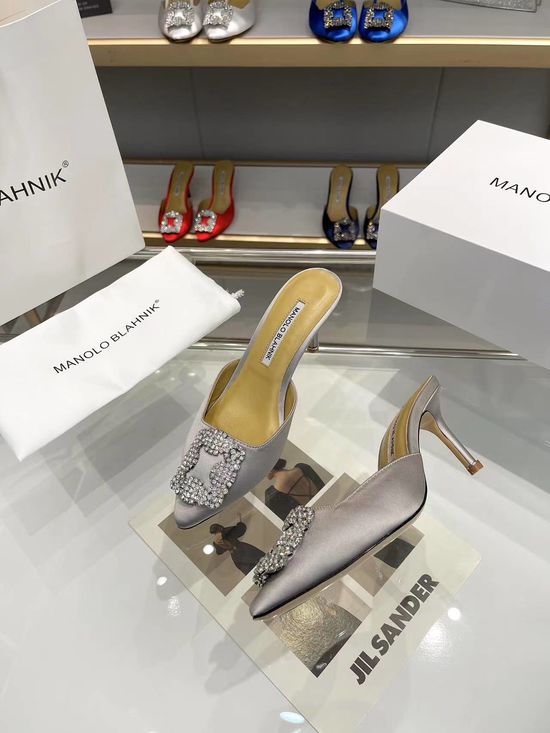 Manolo Blahnik Glitter Sequined High Heels Rhinestone Buckle Leather Sole