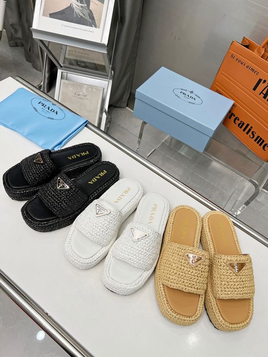 Prada Handwoven Imported PP Straw Casual Shoes