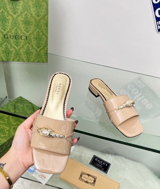 Gucci Patent Leather Slides with Crystal Leopard Decor