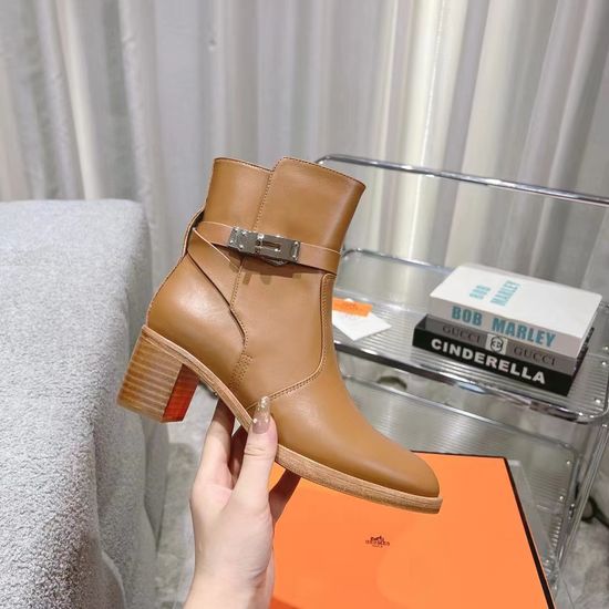 Hermes Classic Low-heel Leather Ankle Boots with Steel Accents