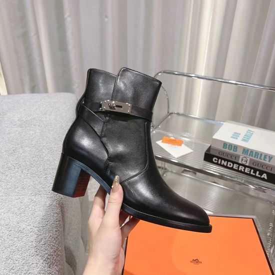 Hermes Classic Low-heel Leather Ankle Boots with Steel Accents