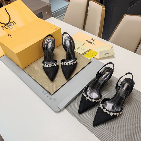 Fendi Elegant Crystal Decor Heels with Premium Leather Upper
