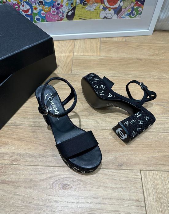 Chanel Rhinestone Embellished Block Heel Leather Sandals