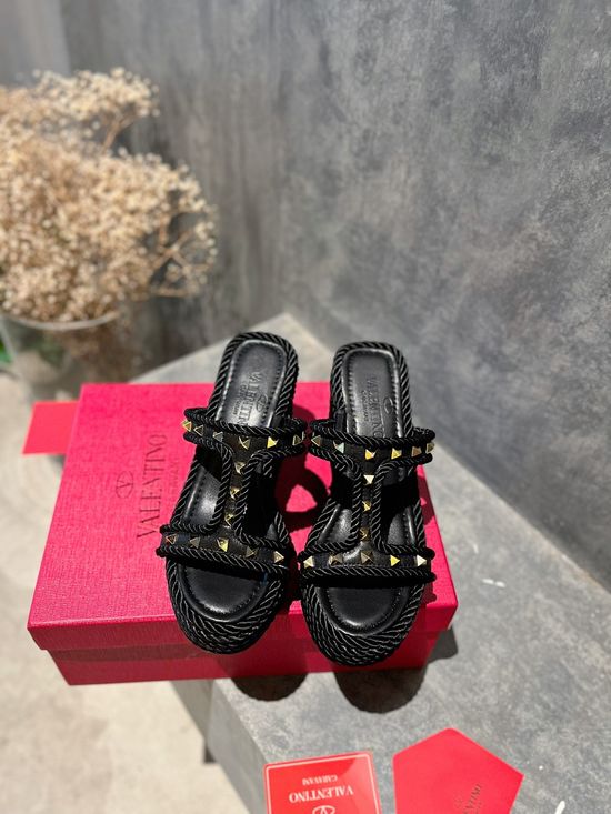 Valentino Rhinestone Decor Woven Espadrille Wedge Sandals