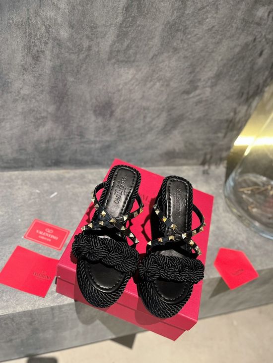 Valentino Rhinestone Decor Woven Espadrille Wedge Sandals