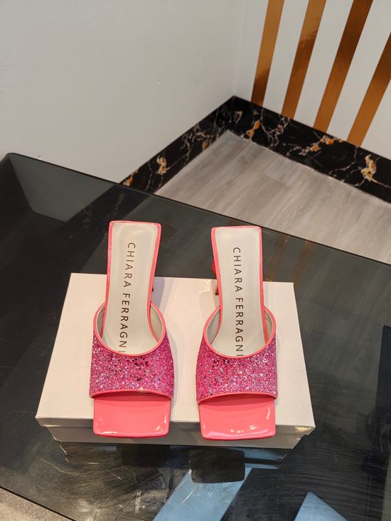 Ferragamo Glitter Mid Heel Slip On Sandals With Soft Lining