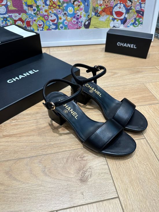 Chanel Rhinestone Decor Chunky Heel Sandals Elegant Shiny Party Footwear