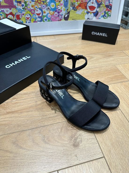 Chanel Rhinestone Decor Chunky Heel Sandals Elegant Shiny Party Footwear