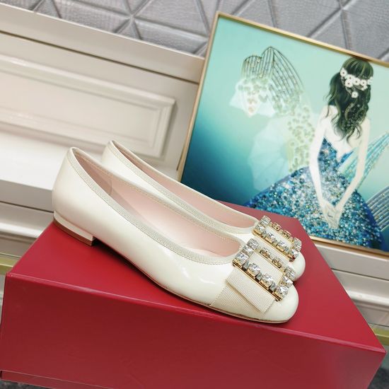 Roger Viver Rhinestone Buckle Leather Flat Ballet Shoes